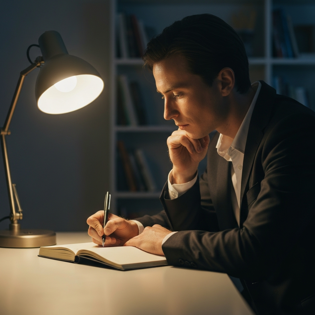 A person sitting at a desk, thoughtfully writing in a journal with a pen, with a soft lamp providing warm, focused light. The background is slightly blurred, showing a bookshelf.
