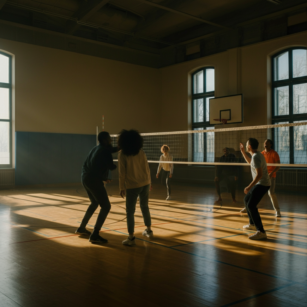 A brightly lit gymnasium with polished wooden floors. A group of diverse individuals are playing a friendly game of volleyball, laughing and interacting positively. Sunlight streams through large windows.