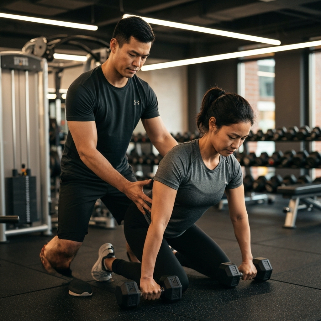 A personal trainer assisting a client with proper form while lifting dumbbells in a modern gym. The trainer is wearing athletic wear, and the client is focused and determined. The background features state-of-the-art equipment and soft ambient lighting.
