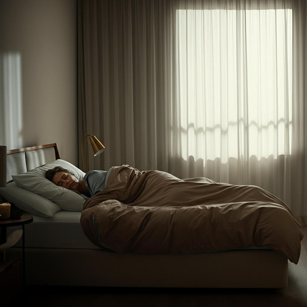 A serene bedroom with soft, diffused light filtering through the curtains. A person is peacefully sleeping in a comfortable bed, covered with a plush duvet. The room is tidy and minimalist.