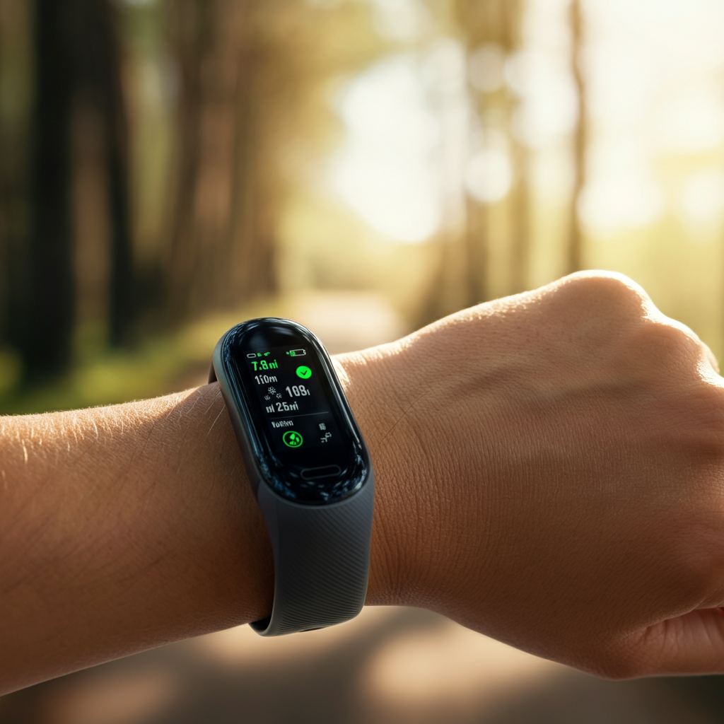 A close-up shot of a fitness tracker on someone's wrist during a run. The background is slightly blurred, showing a scenic trail with trees and sunlight. The focus is on the tracker's display showing data.