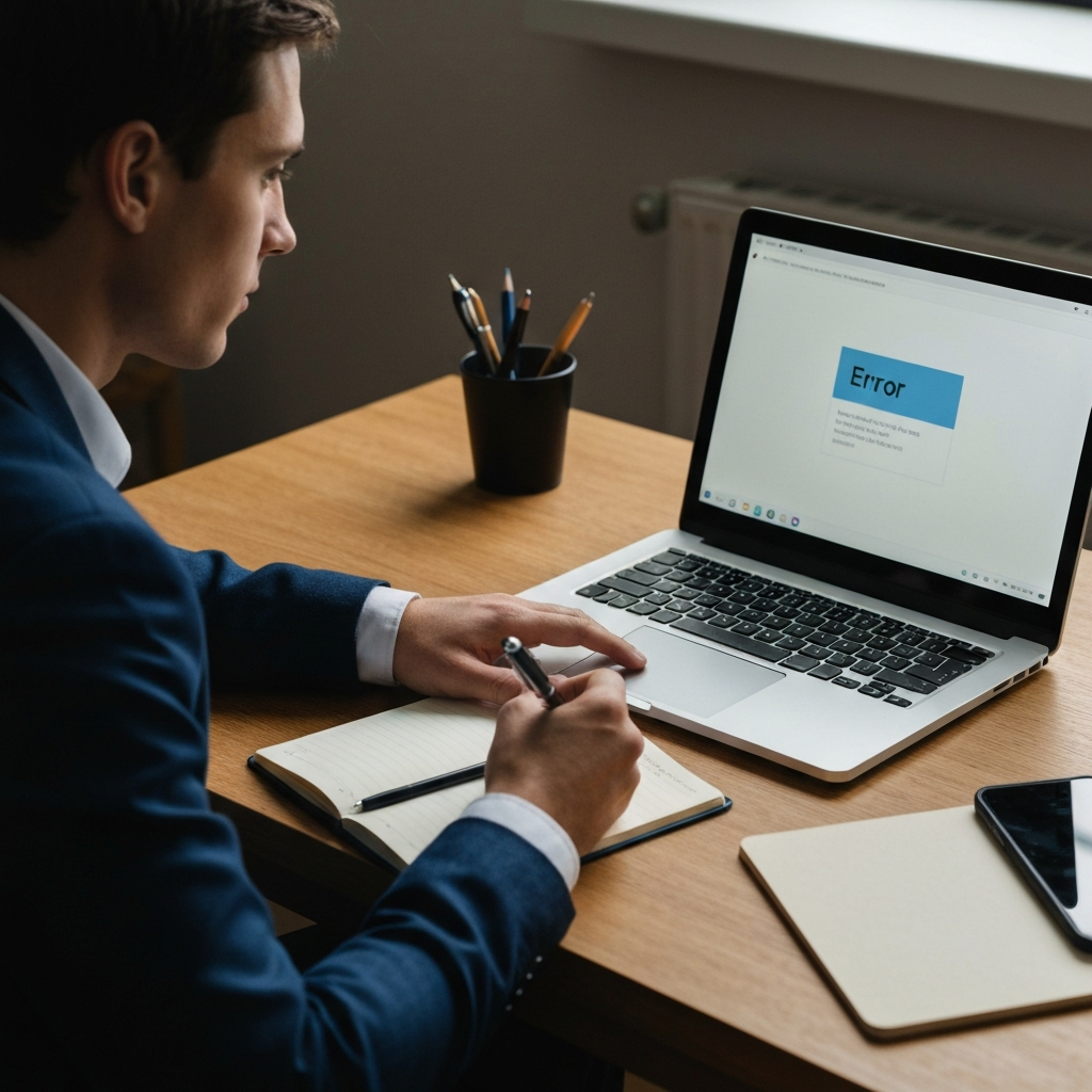 A person sits at a desk, notebook and pen in hand, carefully observing a laptop screen displaying an error message. Natural light illuminates the workspace, highlighting the textures of the desk and the focused expression on their face.