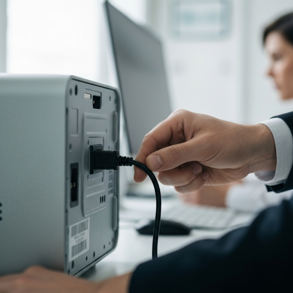 Close-up shot of a hand checking the power cord connection at the back of a desktop computer. The soft bokeh background shows a tidy office environment. The cord is clean and undamaged.
