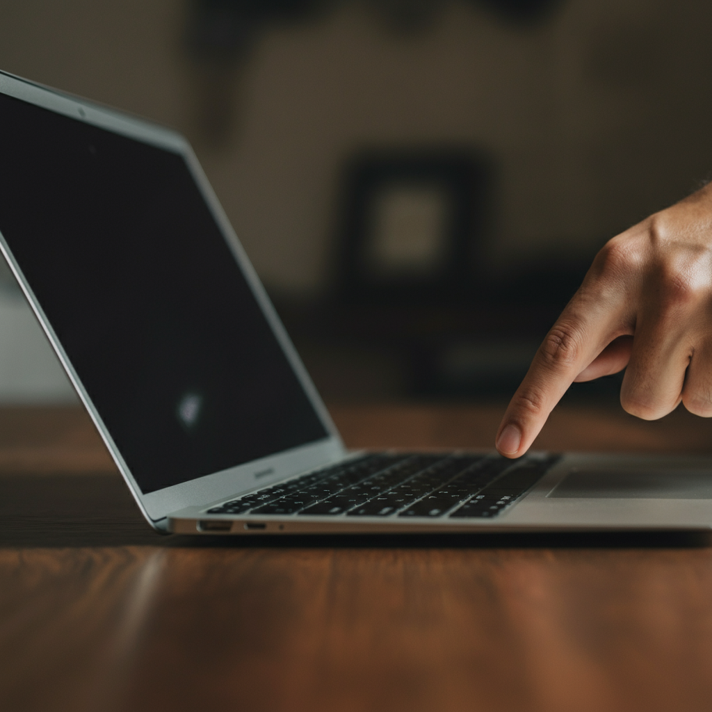 A hand pressing the power button on a laptop. The laptop is resting on a wooden table, and the background is blurred to create a soft, professional effect. The light catches the keys and shows their smooth texture.