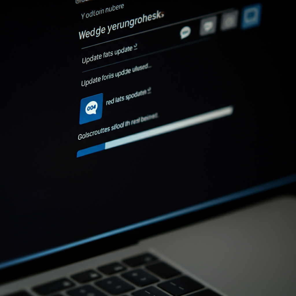 Screenshot of a computer screen showing the software update process in progress. Progress bars and update notifications are visible, along with system icons. The focus is sharp and the colors are vibrant.