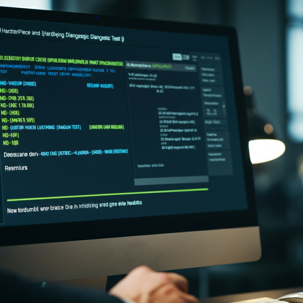 Close-up view of a computer screen displaying the results of a hardware diagnostic test. The screen is brightly lit and the text is clear and easy to read. The background is a blurred office environment.
