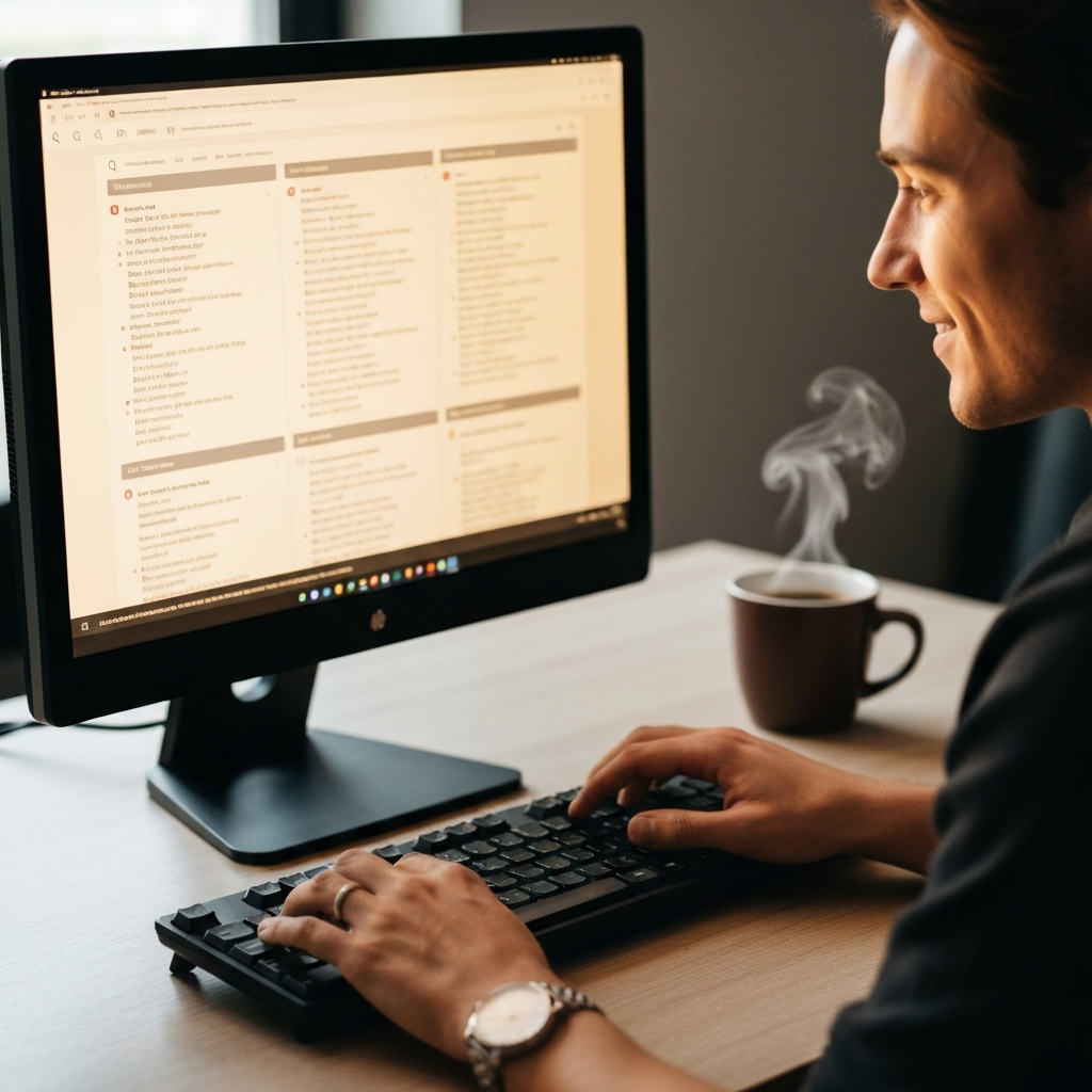 Hands typing on a keyboard while looking at a search engine results page on a computer screen. The warm light of the screen illuminates their face. A coffee mug sits nearby on the desk.