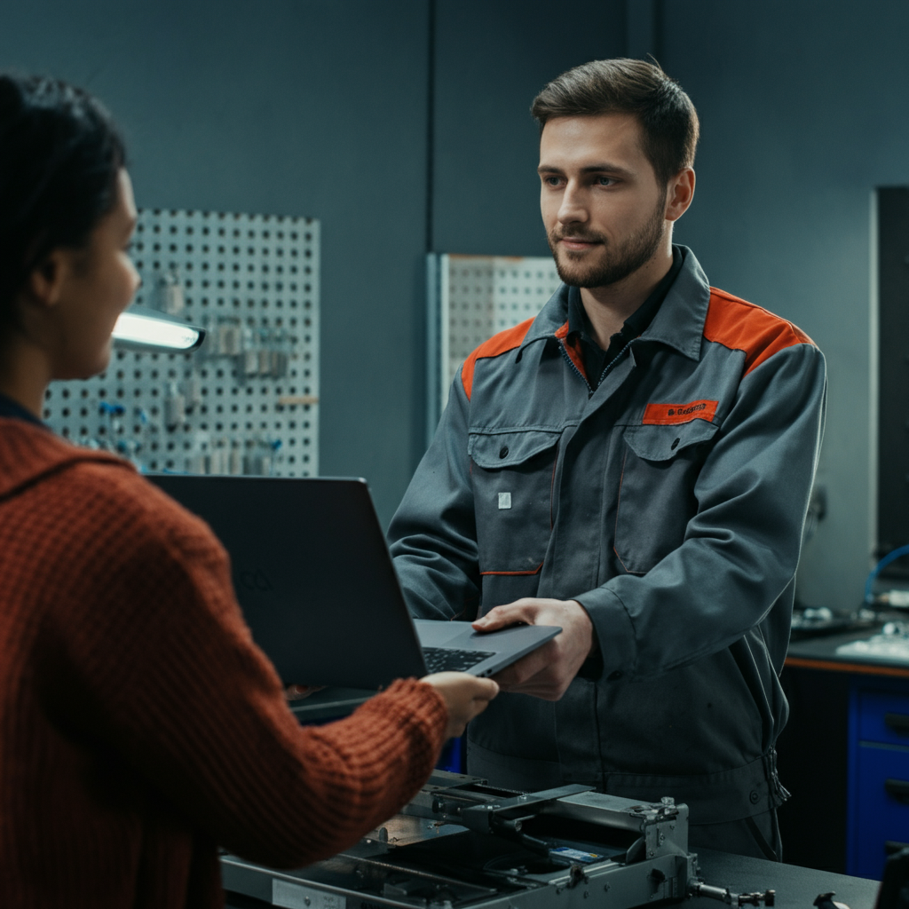 A person handing a laptop to a technician at a repair shop. The technician is wearing a professional uniform and the shop is clean and well-organized. Natural light floods the space.