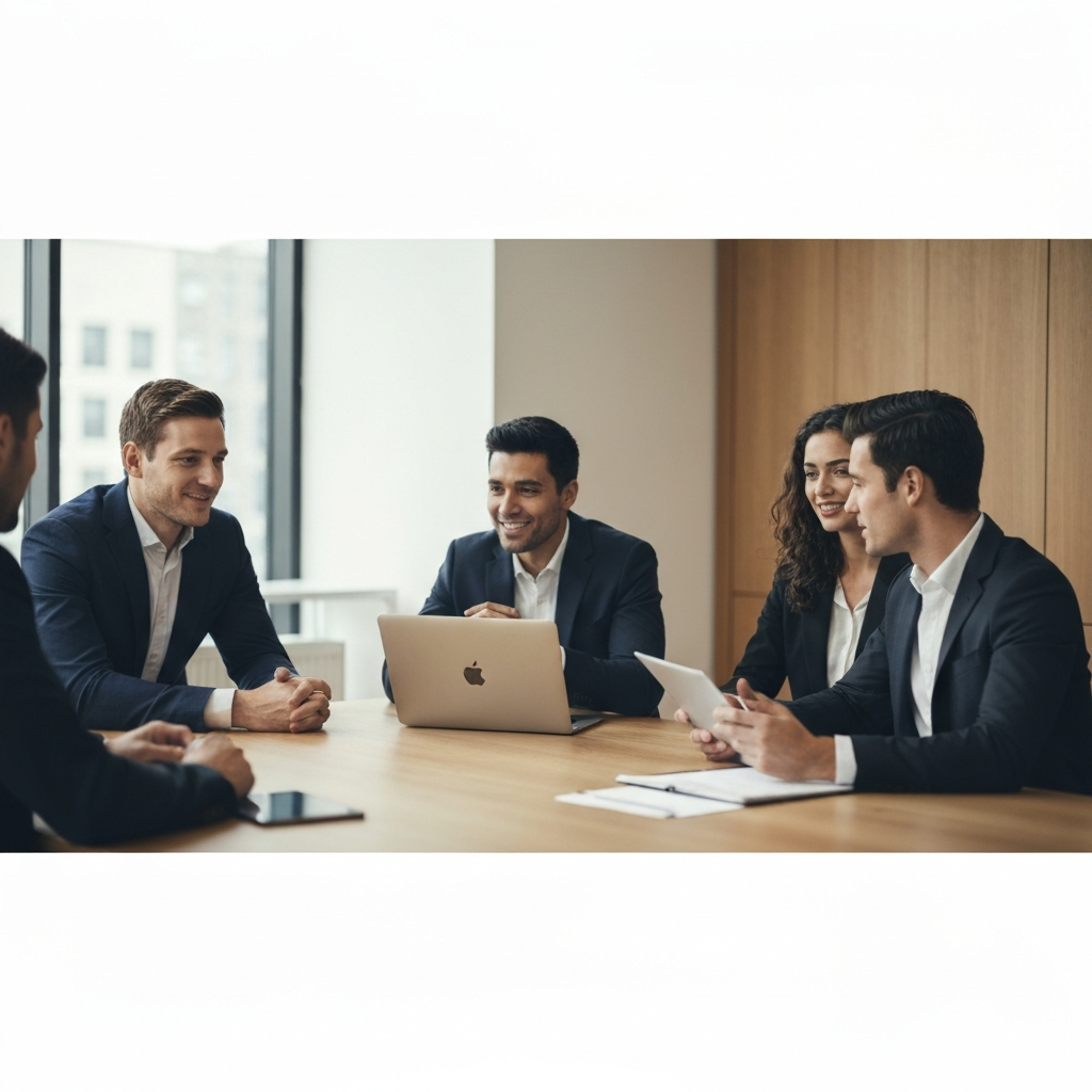 A warmly lit office setting. A diverse group of professionals are gathered around a table, engaged in a lively discussion. Soft bokeh in the background.