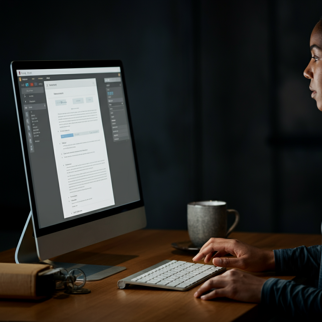 A side-lit shot of a computer screen displaying a document. The document is well-formatted with clear headings and bullet points. A hand is reaching towards the keyboard.