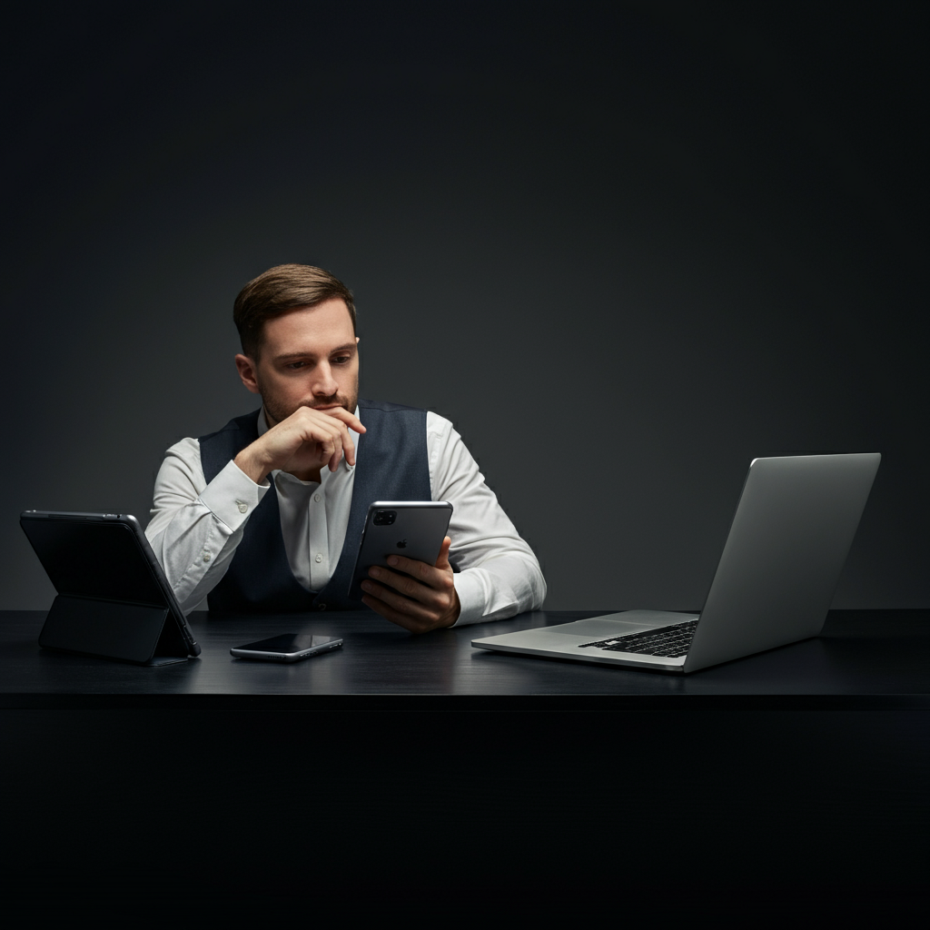 A person sits at a desk with three devices: a laptop, a smartphone, and a tablet. They are contemplating which device to use.