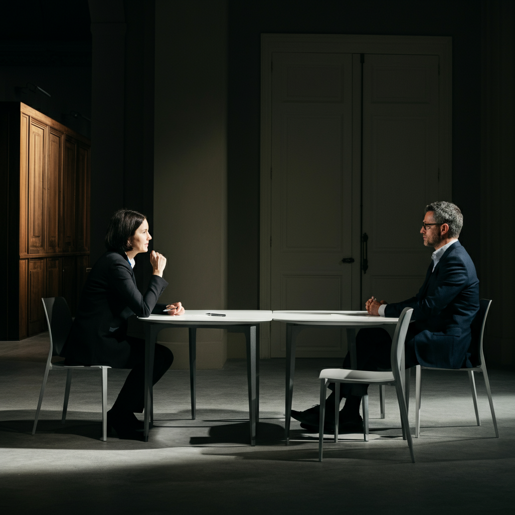 Two people are sitting across from each other at a table, engaged in a focused conversation. One person is actively listening, leaning forward slightly.