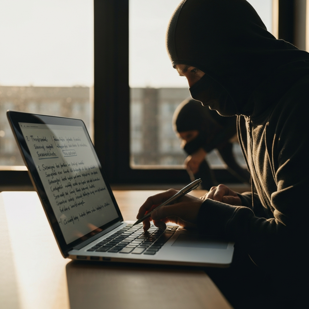 A person reviews notes on a laptop. The notes include handwritten feedback and suggested revisions. Natural light from a nearby window.