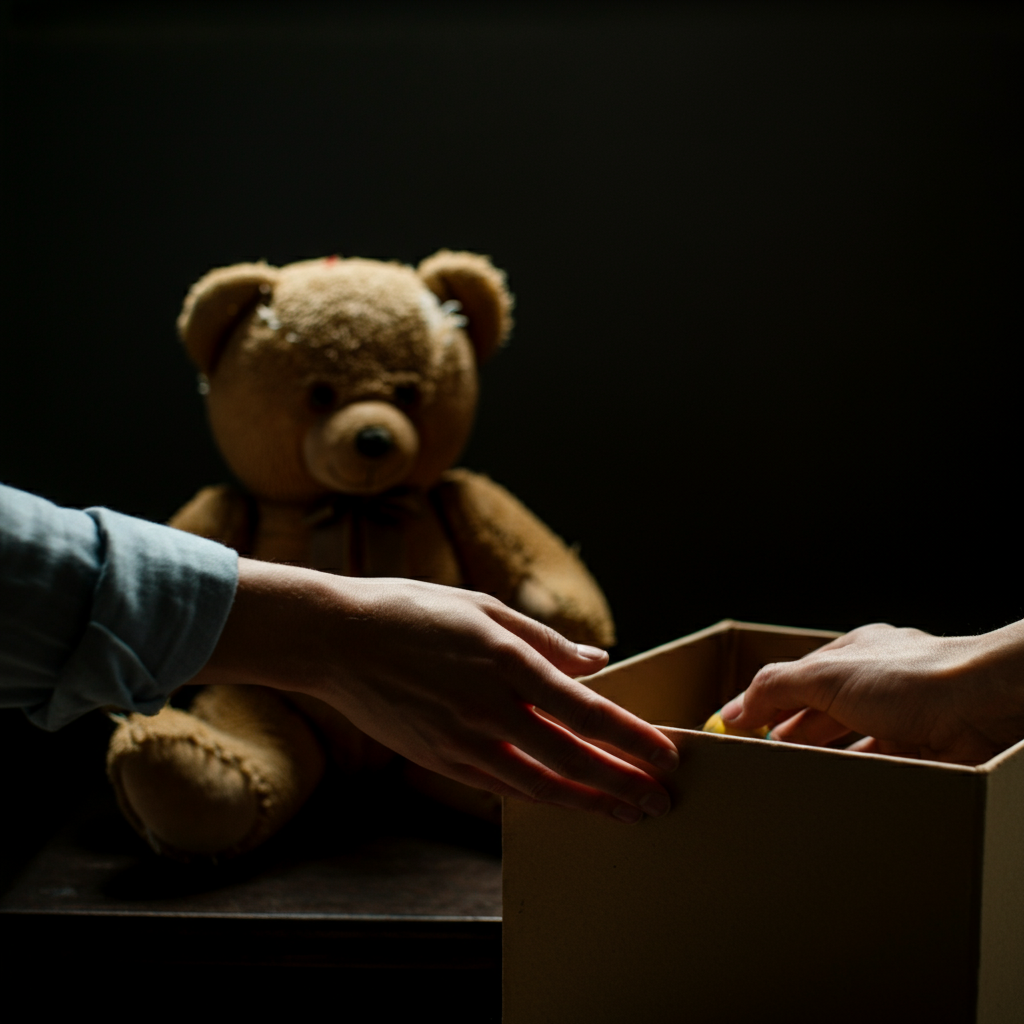 Close-up shot of hands sorting through a box of old toys. Soft focus on a worn teddy bear in the background.