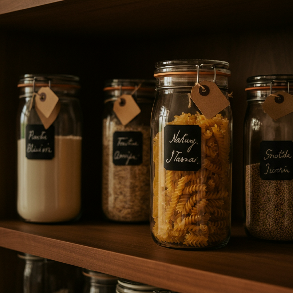 A well-organized pantry shelf. Clear glass jars filled with grains and pasta are neatly labeled with elegant handwritten tags. Warm, diffused light.