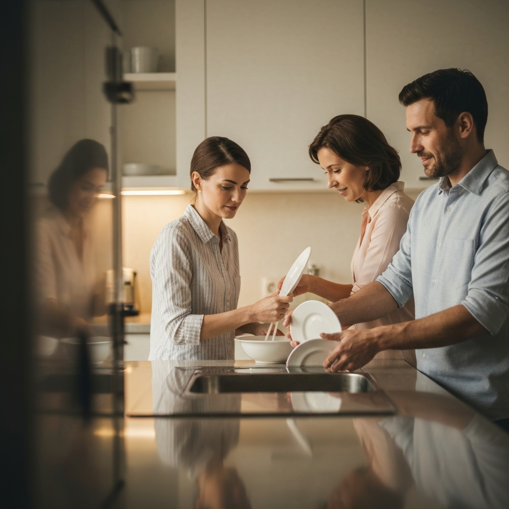 A family washing dishes together after dinner. Warm kitchen light reflects off stainless steel appliances. Gentle bokeh effect in the background.