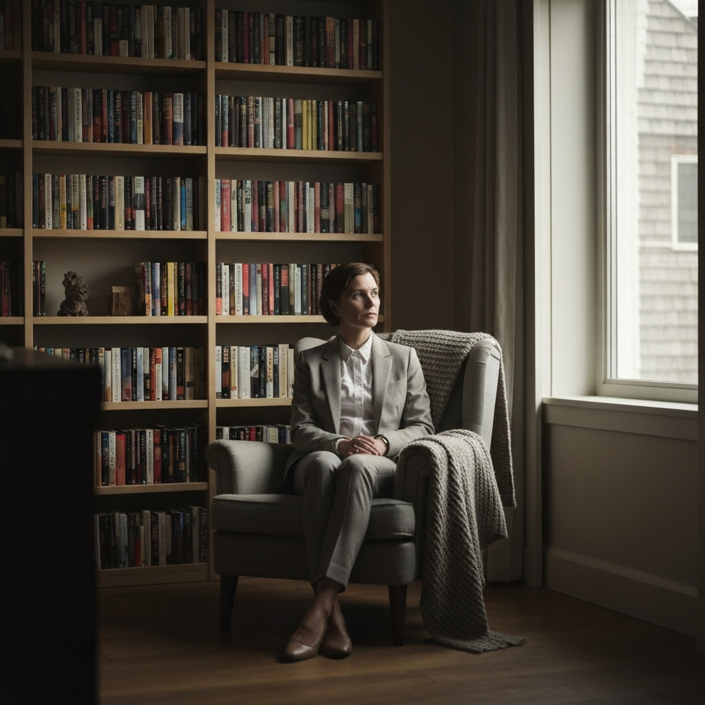 A cozy reading nook bathed in soft, natural light. A comfortable armchair sits next to a bookshelf filled with books. A knitted blanket is draped over the chair.