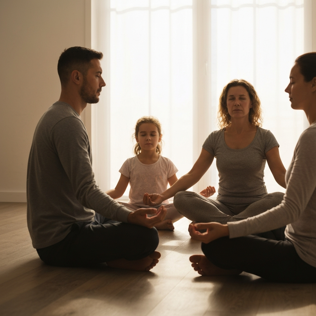A family sitting together in a circle, eyes closed, practicing mindfulness. Soft, ambient light fills the room.