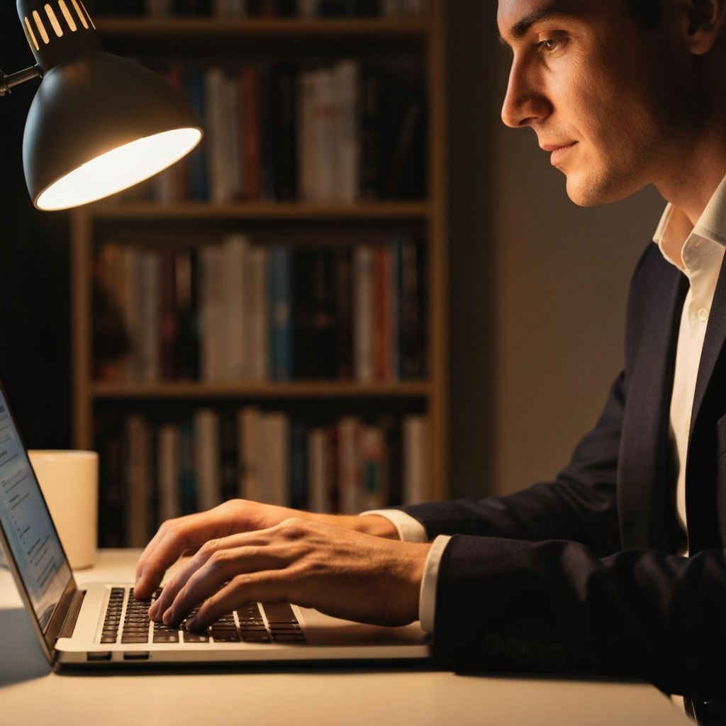 A close-up shot of a person's hands typing on a laptop, bathed in the warm glow of a desk lamp. Soft bokeh in the background shows a bookshelf filled with books. Focus is on the keyboard and the thoughtful expression on the person's face.