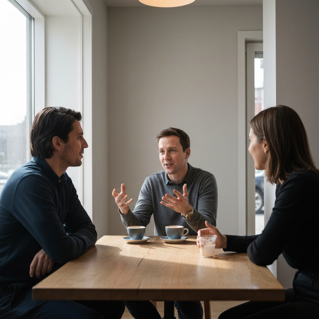 A brightly lit coffee shop with natural light streaming through the windows. A person sits at a table, gesturing enthusiastically while talking to another person. Soft side lighting highlights the textures of the wooden table and the coffee cups.