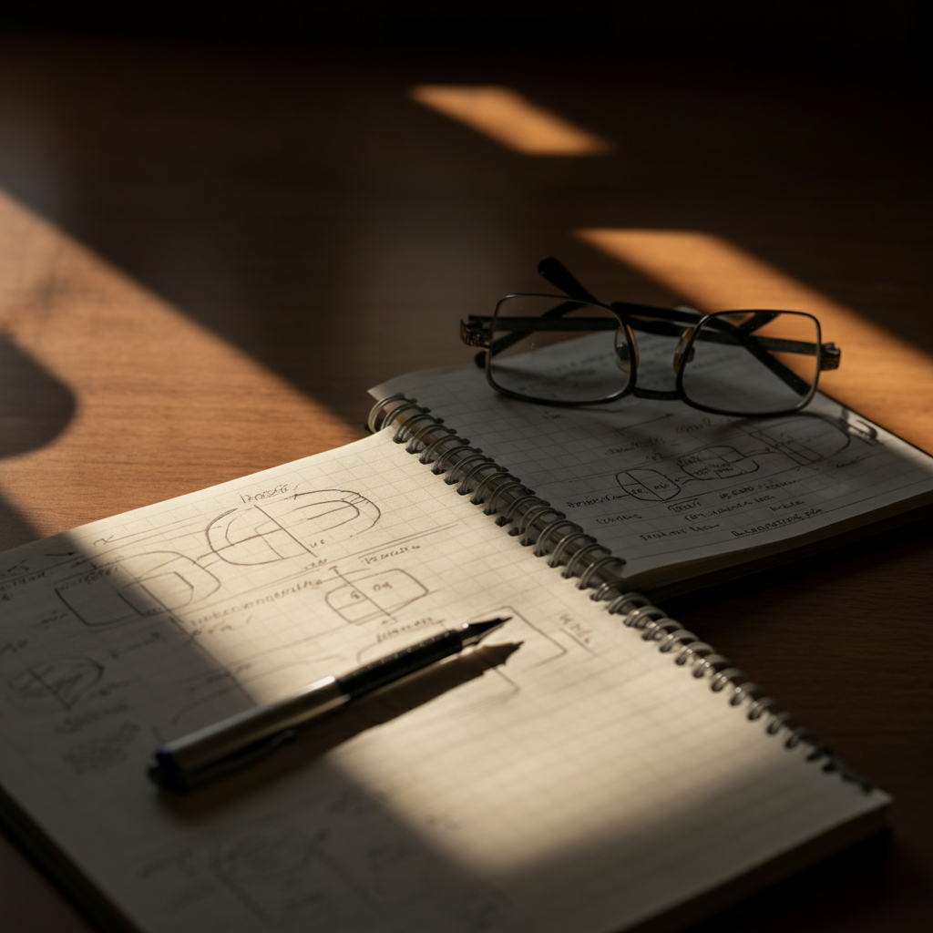 An organized desk with a notebook, a pen, and a pair of glasses. The sunlight is casting long shadows, creating a focused and professional atmosphere. The notebook is open to a page filled with handwritten notes and diagrams.