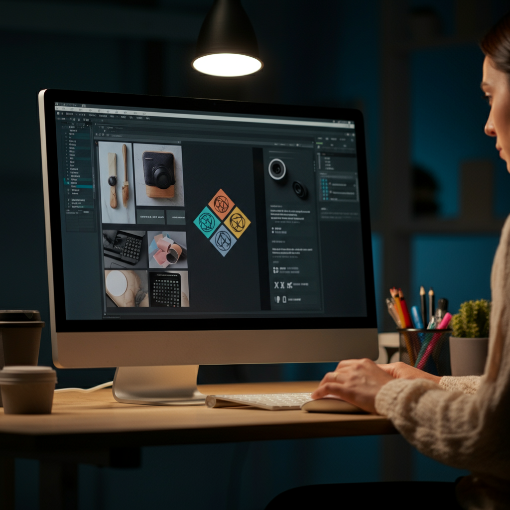 A graphic designer working at a large computer screen. The screen displays various branding elements, such as logos and color palettes. Soft, diffused light fills the room, creating a comfortable and creative atmosphere.