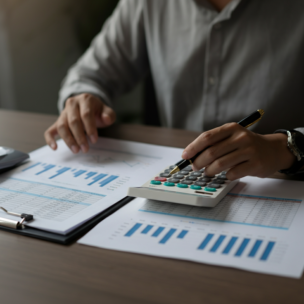 A person sitting at a desk, reviewing financial documents with a calculator and a pen. Natural light illuminates the workspace, highlighting the details of the spreadsheets and the focused expression on the person's face.