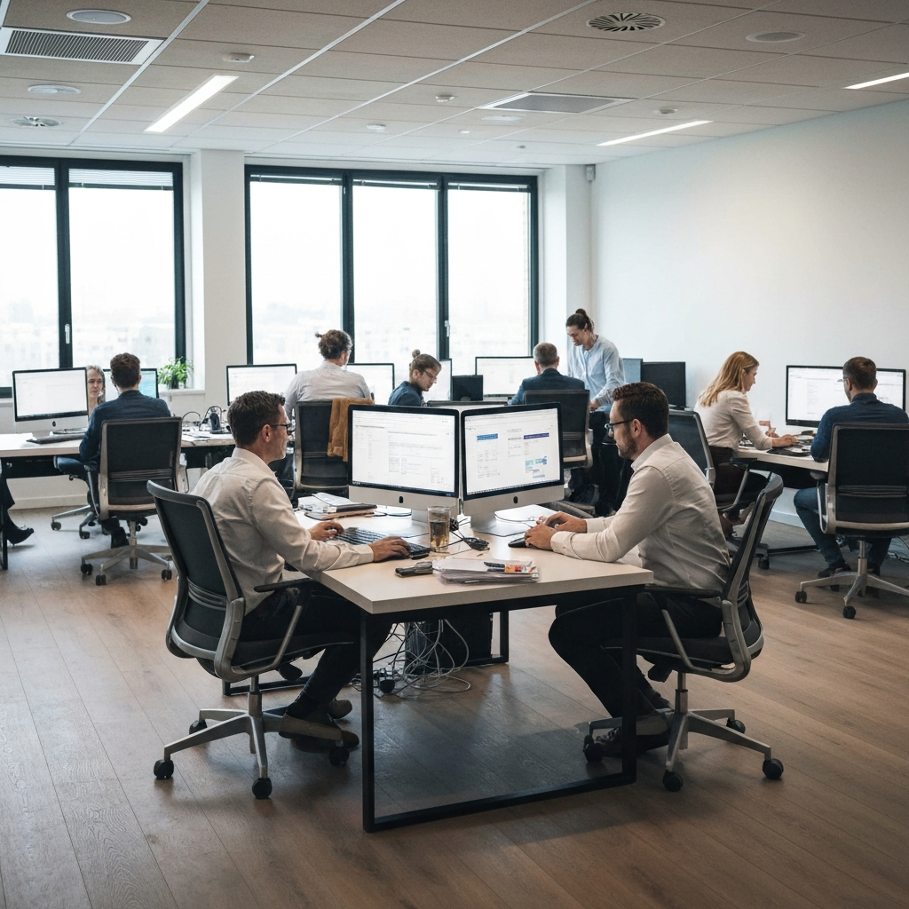 A bustling office environment with people working at computers and collaborating on projects. The room is filled with natural light and the atmosphere is energetic and productive. Focus on teamwork and the collaborative spirit.