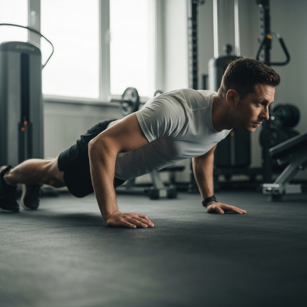 A brightly lit home gym. A man in athletic wear performs a perfect push-up, back straight, eyes focused ahead. Soft bokeh on the background showing gym equipment.