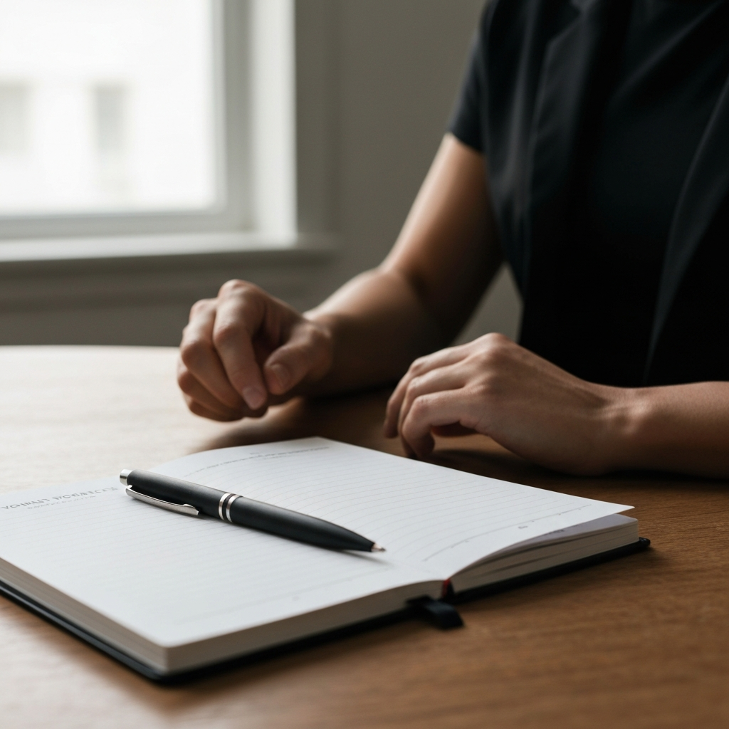 A detailed close-up shot of a workout journal and pen on a wooden table. Natural light streams through a window, highlighting the textures of the paper and wood.