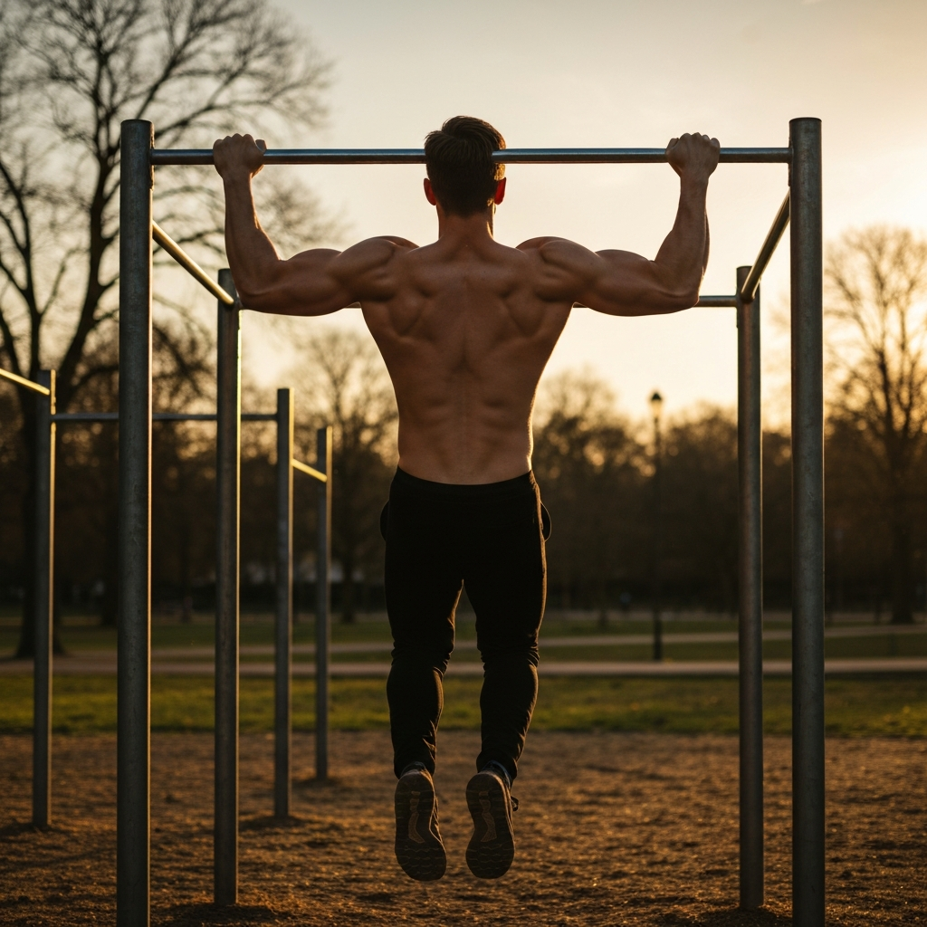 A man with defined back muscles performing a pull-up on a steel bar in an outdoor park setting. Golden hour lighting casts long shadows and highlights muscle definition.