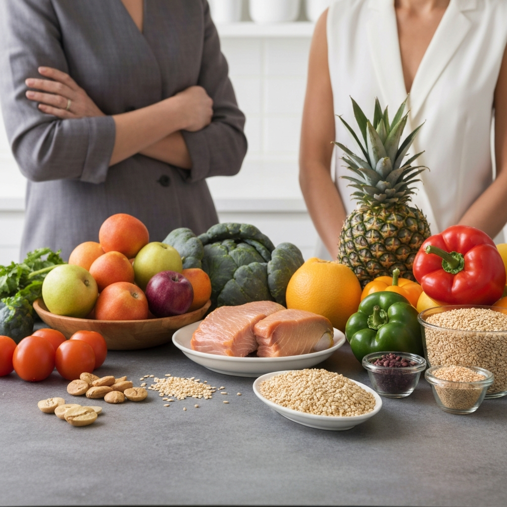 A well-organized kitchen counter with various healthy food items: fruits, vegetables, lean protein sources, and whole grains. Soft, diffused lighting highlights the colors and textures.