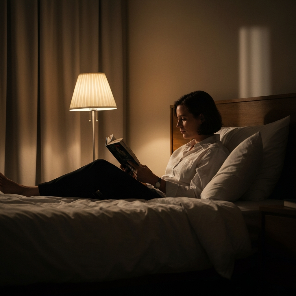 A person relaxing in a dimly lit bedroom, reading a book. Soft, warm lighting creates a cozy and relaxing atmosphere.