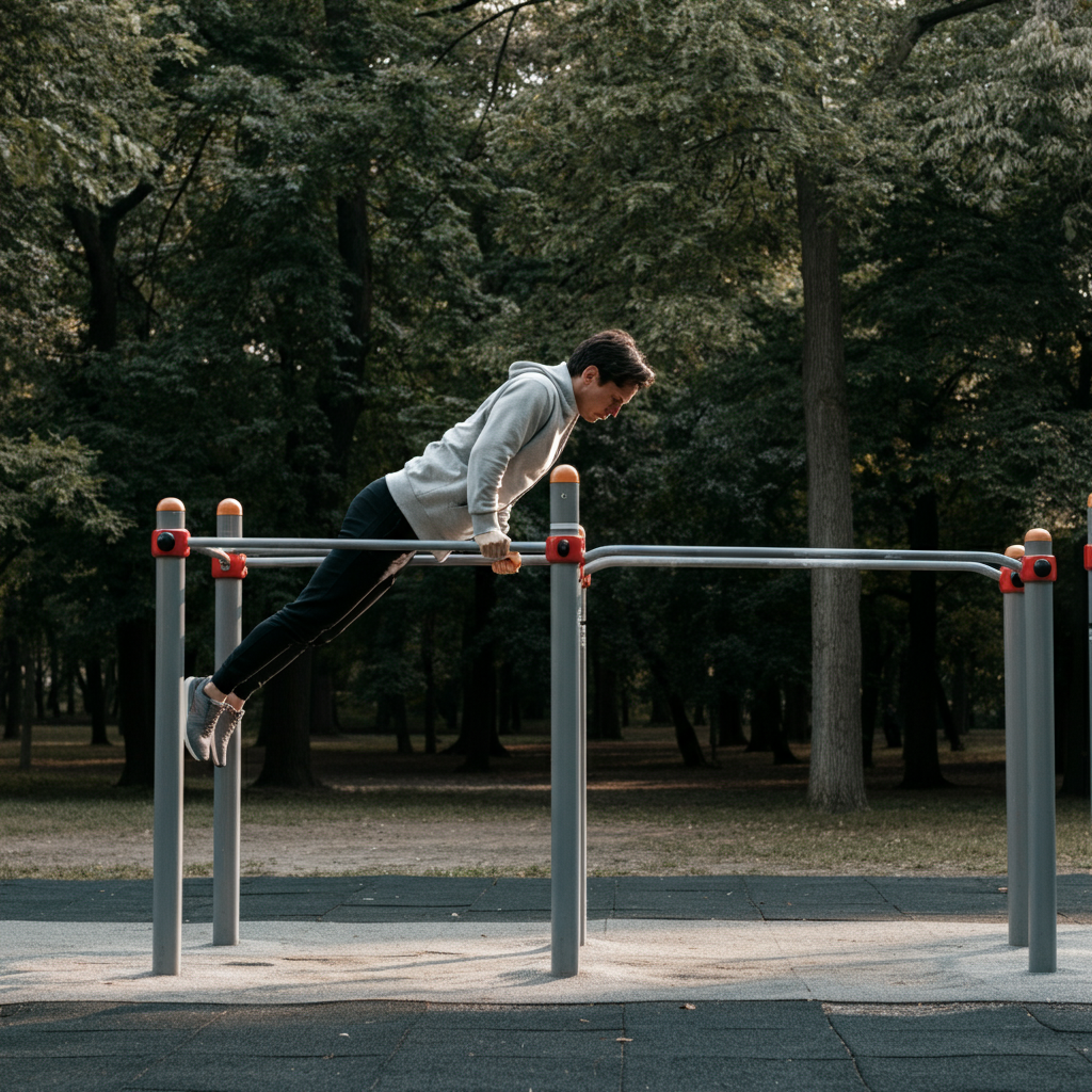 A person in a park, demonstrating perfect form on a set of parallel bars, executing a smooth dip movement. The background shows trees with a blurred effect.