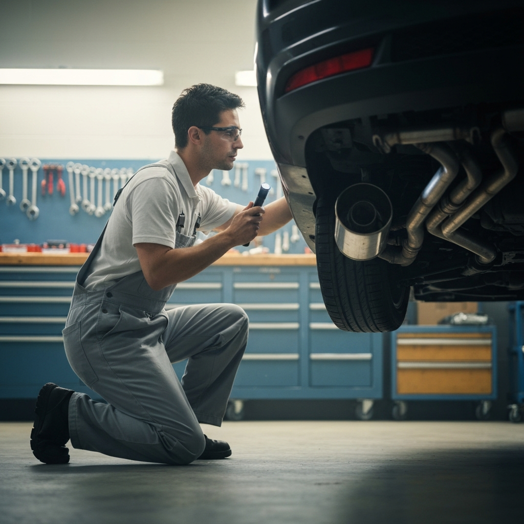 A mechanic, clad in clean overalls, kneeling beside a car in a well-lit garage, using a flashlight to examine the undercarriage. Soft bokeh in the background shows tools neatly organized on a workbench. The light catches the metallic sheen of the exhaust system.