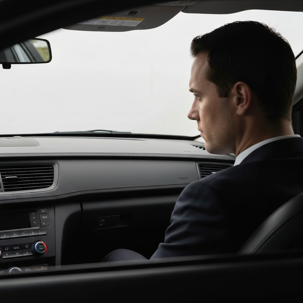 Interior shot of a car with the driver's window rolled down. Focus is on the driver's ear, slightly angled towards the car's engine. Natural light filters in, highlighting the texture of the dashboard.