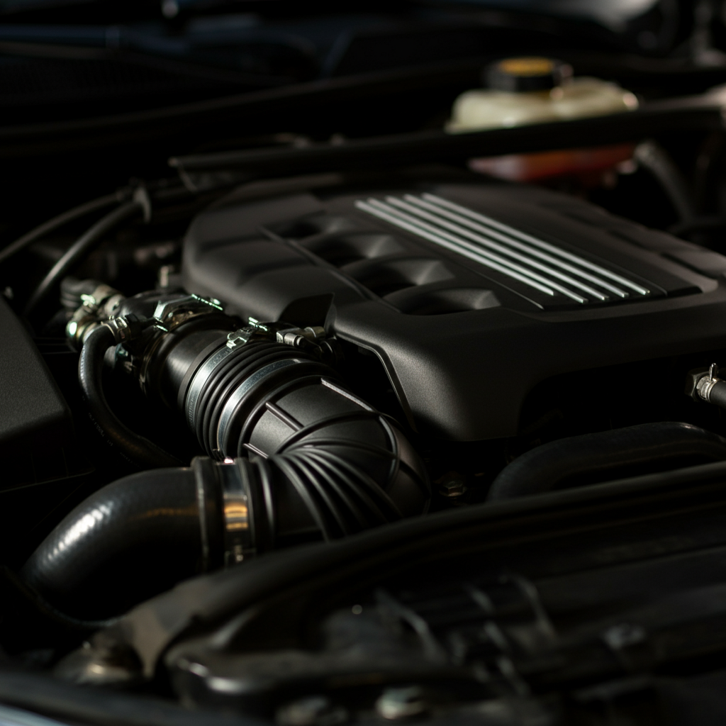 A close-up of a car's engine bay with the hood open. Soft, diffused light highlights the various hoses and components. The focus is slightly blurred to emphasize the air and possible sources of smell.