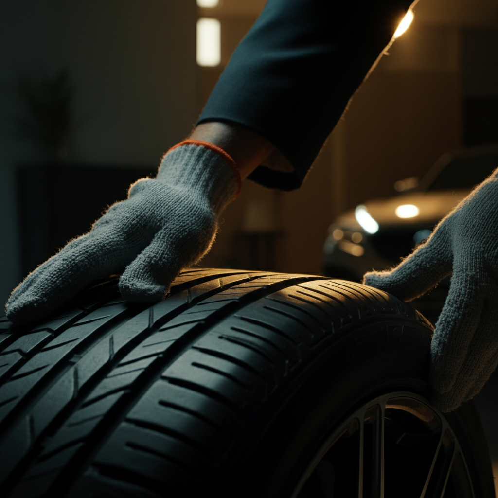 A hand, wearing a protective glove, gently touching the surface of a car tire. The background features a sunlit driveway with a well-maintained vehicle parked nearby. The light creates highlights on the tire's texture.