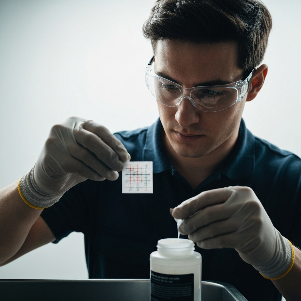 A mechanic, wearing safety glasses and gloves, carefully dipping a small piece of litmus paper into a container of automotive fluid. The lighting is bright and clinical, emphasizing the precision of the action.
