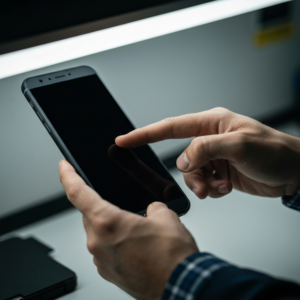 Close-up of a technician's hand gently pressing the power button of a smartphone, bathed in the soft, diffused light of a repair shop. The phone's screen is black. Subtle shadows emphasize the texture of the technician's skin and the phone's casing.