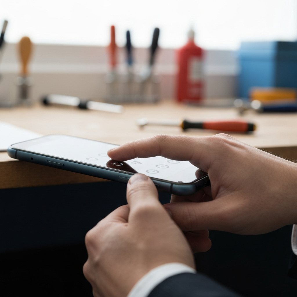 Medium shot of a hand pressing a combination of volume up and power buttons on a smartphone. The background features a blurred workbench with various tools. The lighting is bright and even, highlighting the buttons being pressed.