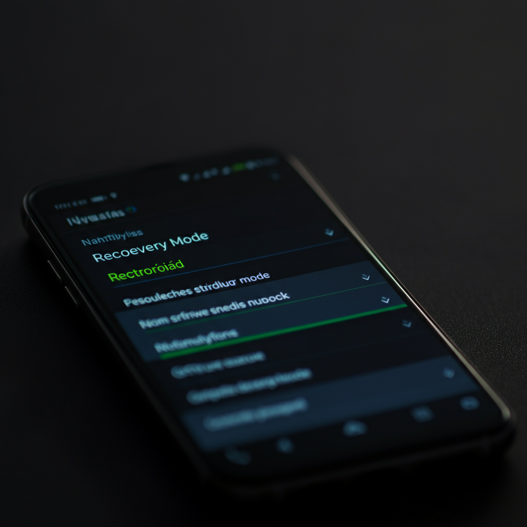 Macro shot focusing on a smartphone screen displaying the Android recovery mode menu. The text is crisp and clear against a dark background. Soft bokeh creates a depth of field, emphasizing the text options.