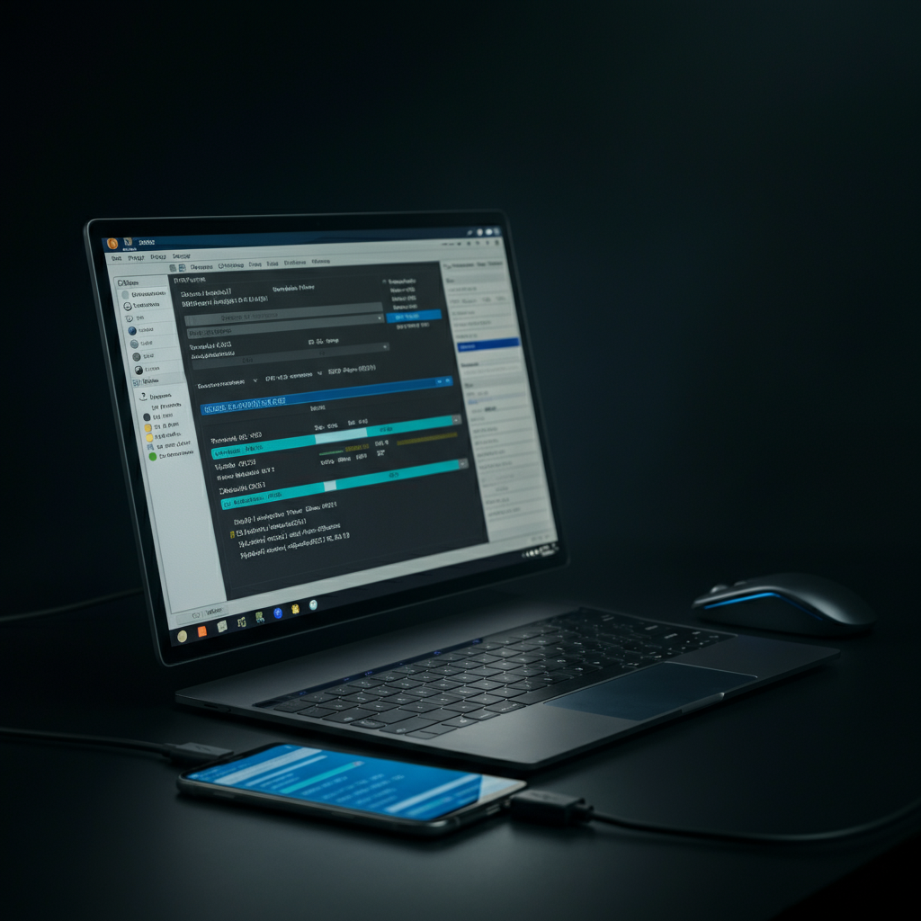 A computer screen displaying a flashing tool (e.g., Odin or SP Flash Tool) with progress bars and technical data visible. A smartphone connected via USB cable sits beside the computer. The lighting is diffused and professional, showcasing the screen's details.