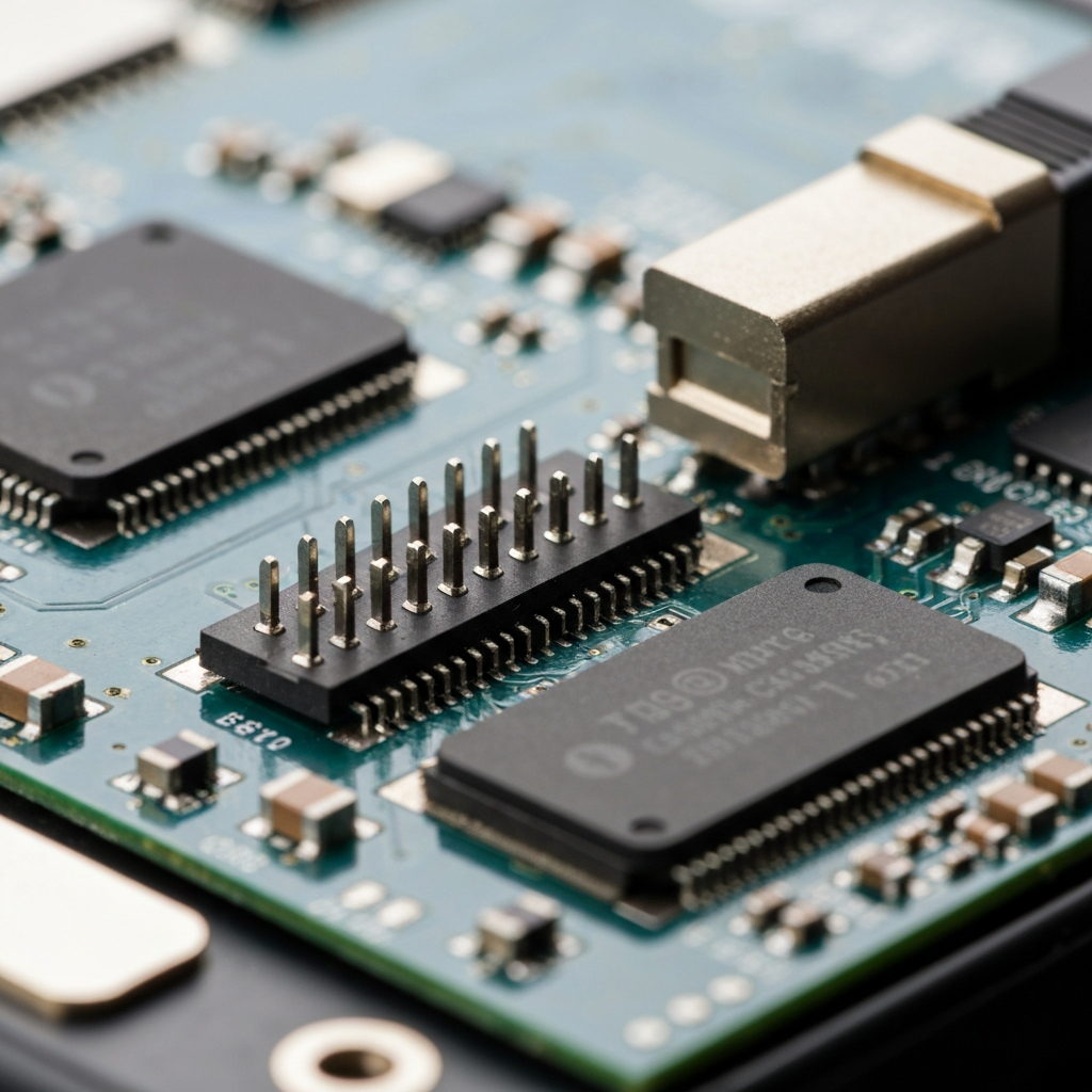 Extreme close-up of a JTAG programmer connected to a smartphone's motherboard. The image showcases intricate circuitry and soldering points. The lighting is focused and bright, highlighting the fine details.