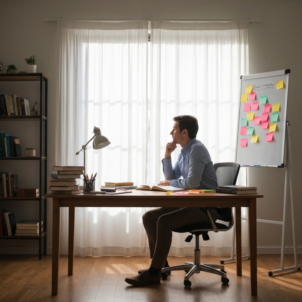 A writer sitting at a wooden desk in a sun-drenched home office, surrounded by books and notes. The writer is thoughtfully looking at a whiteboard covered in colorful sticky notes, brainstorming ideas. Soft, diffused light fills the room, creating a warm and inspiring atmosphere.