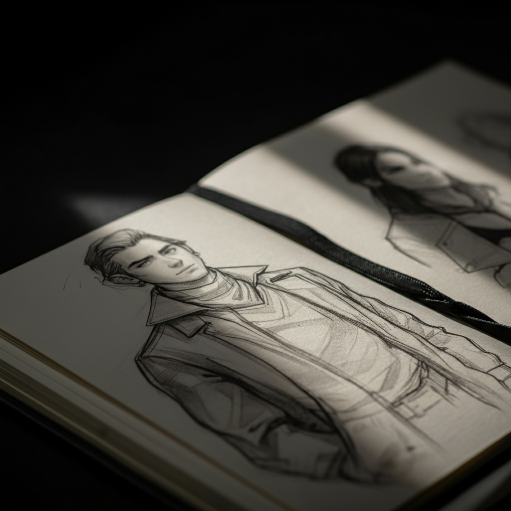 Close-up shot of a character design sketchbook. The pages are filled with pencil sketches of various characters, with detailed notes on their personalities, backgrounds, and motivations. The lighting is soft and focused, highlighting the textures of the paper and the details of the drawings.