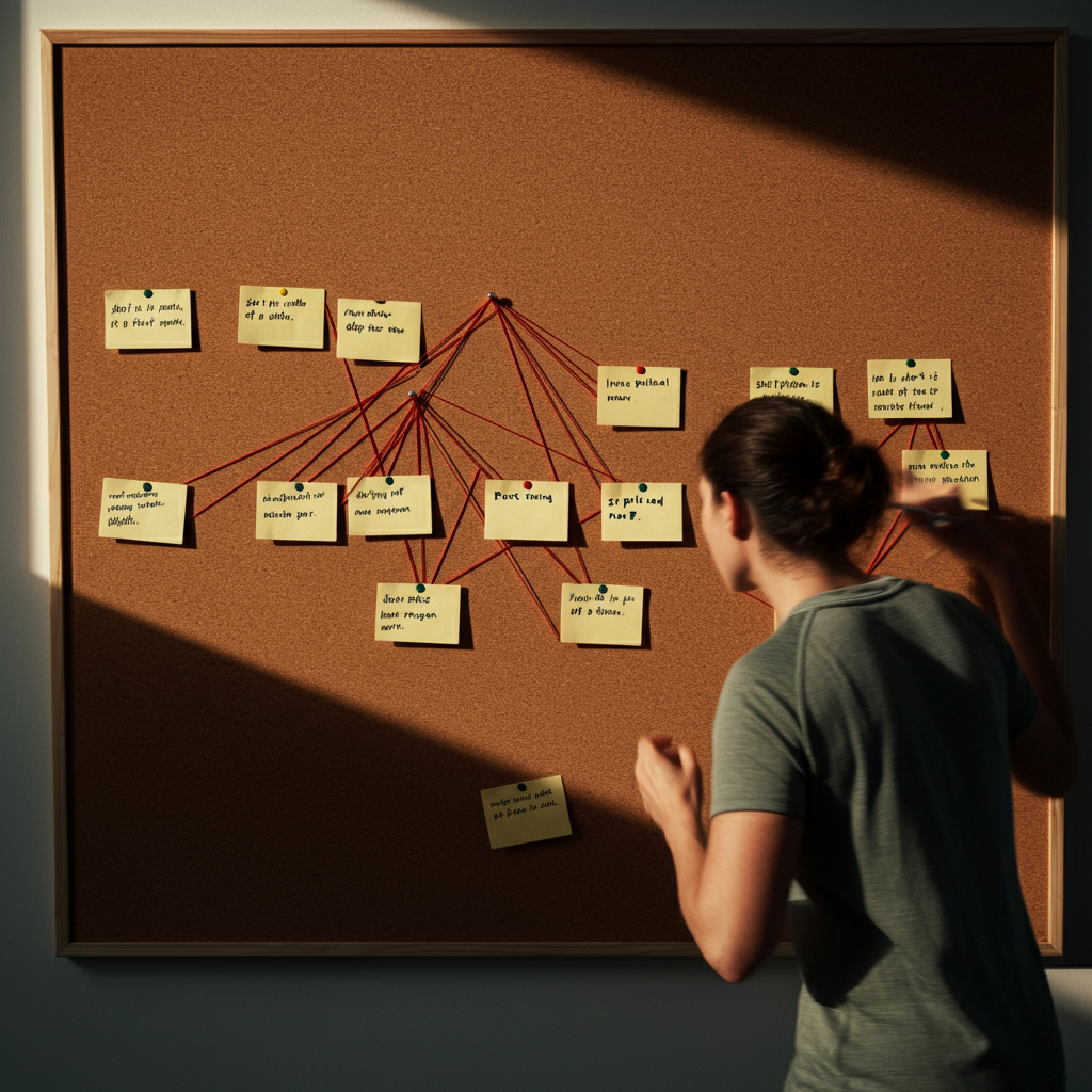 An overhead shot of a large corkboard covered in index cards. The index cards are arranged in a timeline, representing the different plot points of a story. Red string connects the cards, illustrating the relationships between different events. The lighting is even and bright, showcasing the complexity of the plot structure.