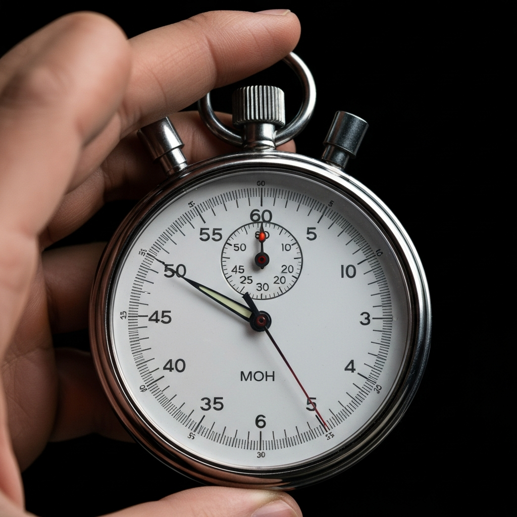 A close-up shot of a stopwatch. The stopwatch is set to measure the time elapsed during a specific scene in a story. The lighting is focused and sharp, highlighting the precision and attention to detail required for effective pacing.