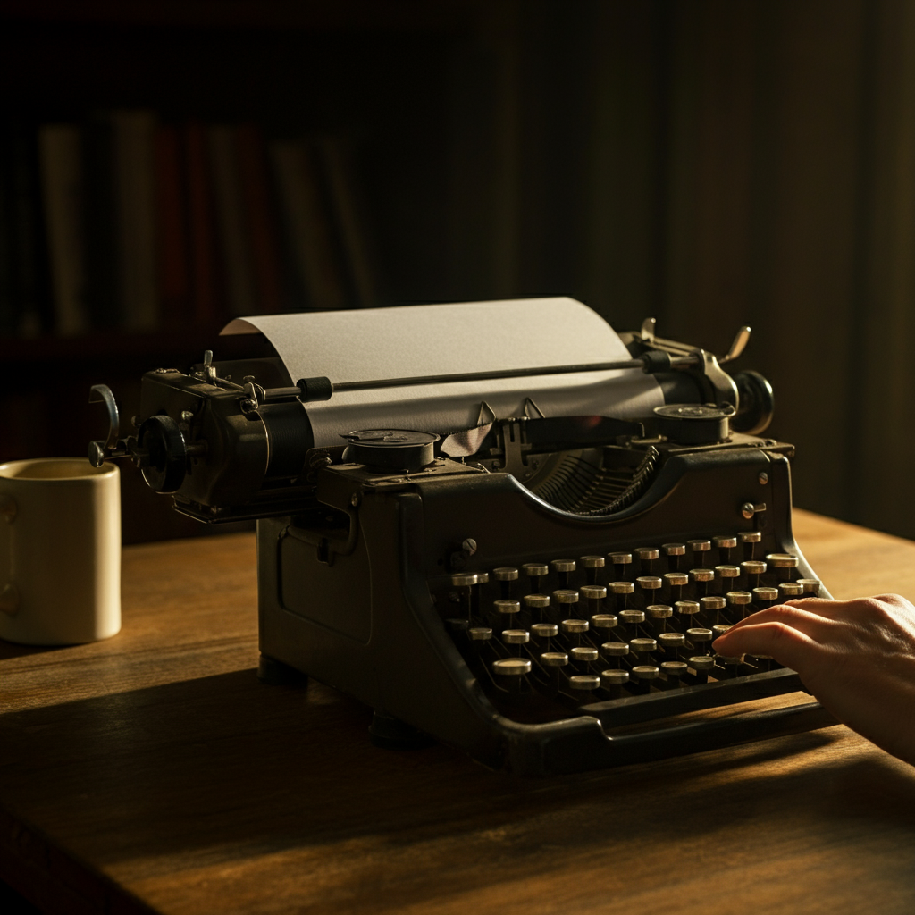 A writer's hand typing on a vintage typewriter. The keys click loudly as the writer crafts a scene filled with descriptive language and evocative imagery. The lighting is warm and inviting, creating a sense of creativity and inspiration.
