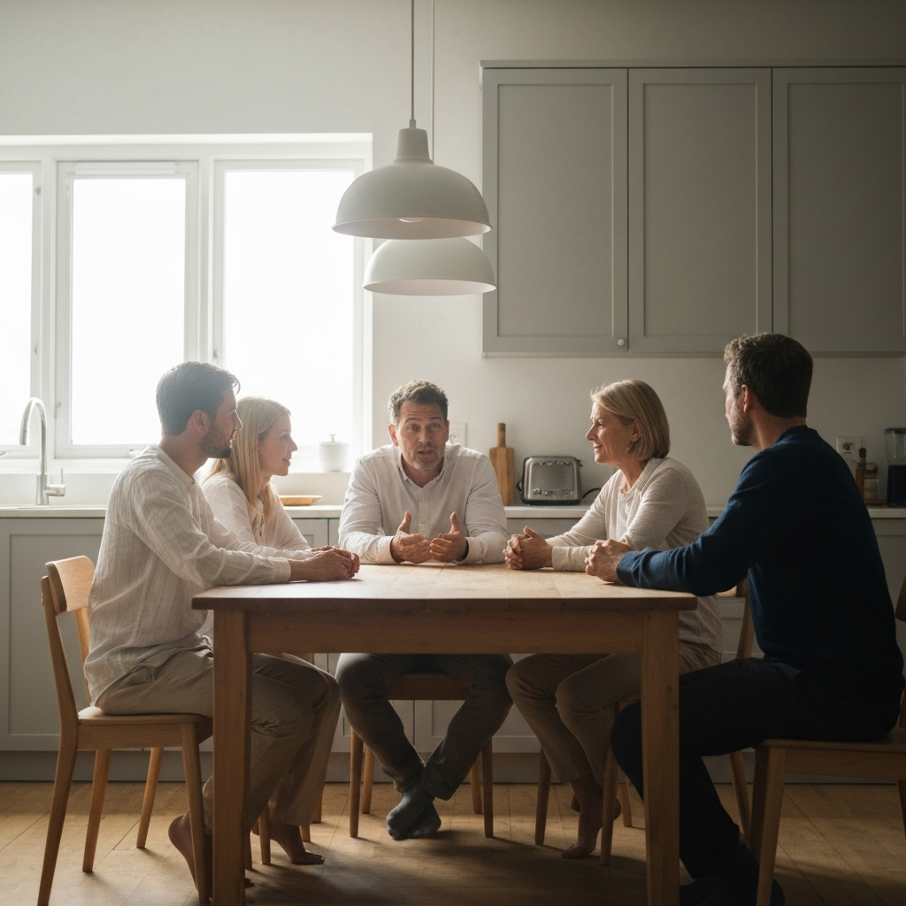 A brightly lit, modern kitchen. A family of four sits around a wooden table, engaged in a lively conversation. Soft, diffused light streams in from a nearby window. One person is speaking while the others listen attentively. The textures of the wood and the fabric of their clothes are visible.